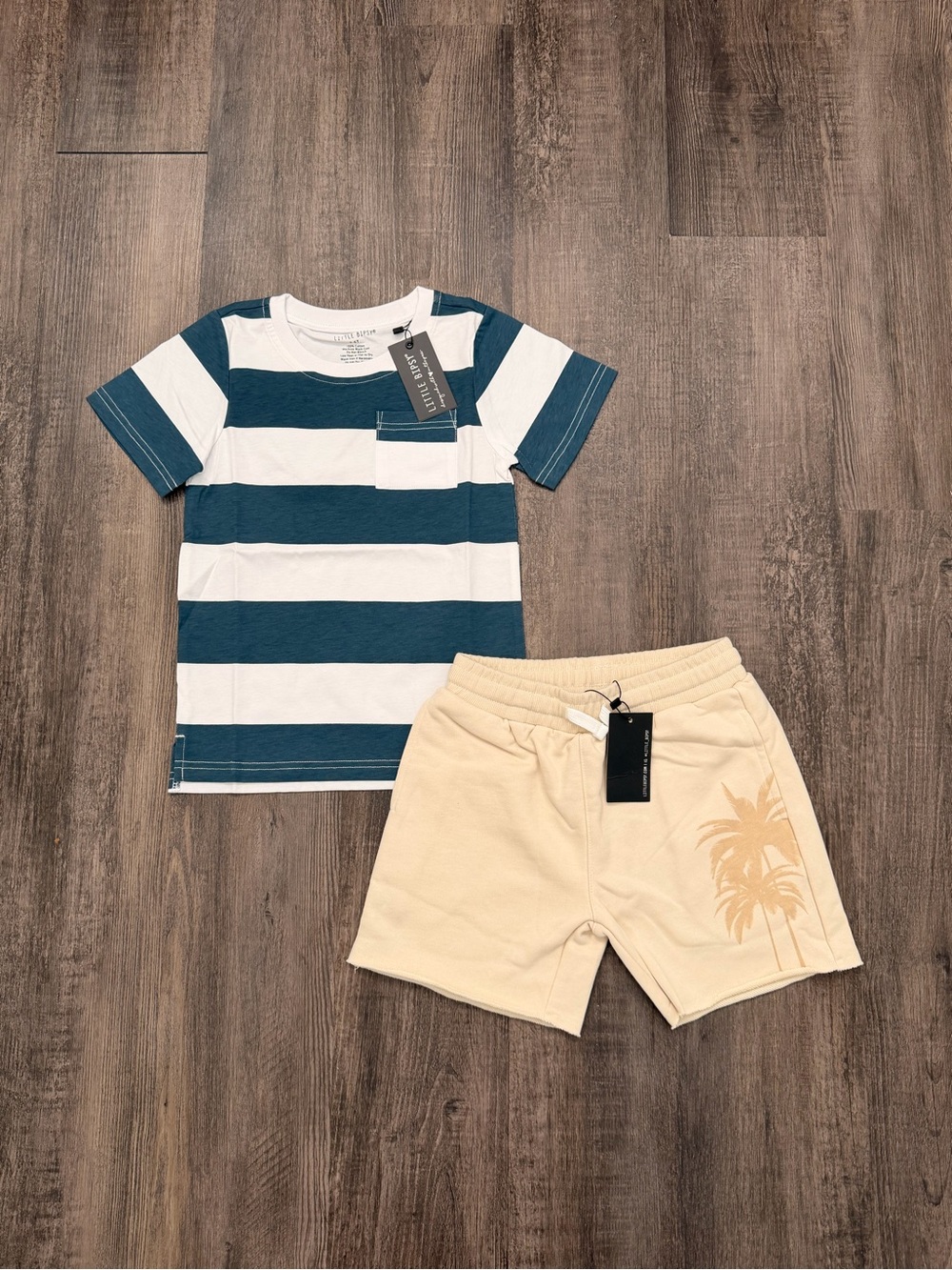Little Bipsy Blue & White Striped Tee with Cream Palm-Print Shorts